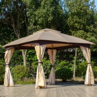 Outsunny 11' x 11' Steel Gazebo Canopy Party Tent Shelter with Double Roof, Netting Sidewalls, Corner Curtains, Beige(m-11)