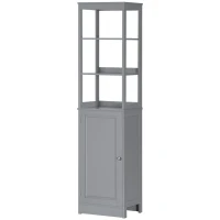 kleankin Tall Bathroom Storage Cabinet, Freestanding Linen Tower with 3-Tier Open Shelf and Door, Slim Floor Organizer, Grey(m-11)