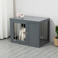 PawHut Dog Crate Furniture Wire Pet Cage Wooden Dog Kennel, End Table with Double Doors, and Locks, for Medium and Large Dog House Indoor Use, Gray(m-10)