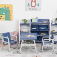 Qaba 3-Piece Kids Table and Chair Set Writing Desk with Armrest, Storage Space for Toddler Activities, Blue(m-12)