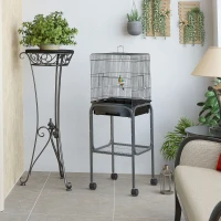 Pawhut 45-inch Metal Indoor Bird Cage, Parrot Cage, Bird Aviary with Detachable Rolling Stand, Storage Basket, and Accessories - Black(m-10)