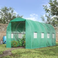 Outsunny 15' x 7' x 6.5' Walk-in Tunnel Hoop Greenhouse, Green House for Outside with PE Cover, Steel Frame, Roll-Up Zipper Door & Windows for Flowers, Vegetables, Tropical Plants, Green(m-10)