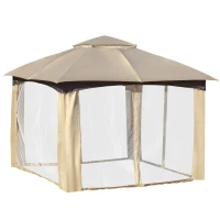 Outsunny 11' x 11' Steel Gazebo Canopy Party Tent Shelter with Double Roof, Netting Sidewalls, Corner Curtains, Beige(m-10)