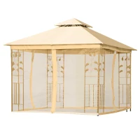Outsunny 10'x10' Soft-top Steel Patio Gazebo Outdoor Sun Shelter with 2-Tier Polyester Roof, Curtain Sidewalls, Beige(m-11)