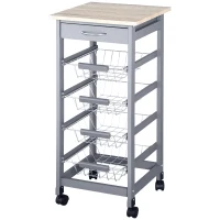 HOMCOM Mobile Kitchen Cart, Rolling Kitchen Island with Storage, Solid Wood Frame Utility Cart with Wire Fruit Baskets and Drawer, Gray(m-10)