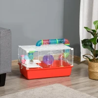 PawHut Large Hamster Cage with Tubes and Tunnels, 2-Level Steel Rat Cage, Small Animal House, Includes Exercise Wheel, Hut, Water Bottle, Food Dish, 23" x 14" x 14", Red(m-10)