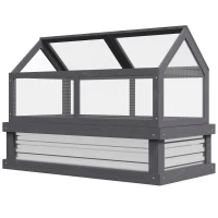 Outsunny Raised Garden Flower Bed Kit w/ Greenhouse, Wooden Cold Frame Planter, Gray(m-1)