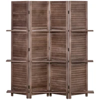 HOMCOM Room Divider, 4 Panel 67" Tall Wood Privacy Screen with 3 Display Shelves, and Folding Storage for Bedroom or Home Office, Walnut(m-11)