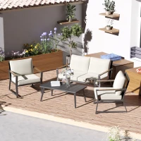 Outsunny 4 Piece Patio Furniture Set, Aluminum Conversation Set, Outdoor Garden Sofa Set with Armchairs, Loveseat, Center Coffee Table and Cushions, Cream White(m-10)