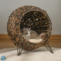 PawHut 20.5" Weaved Cat Bed, Elevated Hand-woven Braided Banana Leaf Kitten House Condo with Cushion, Brown(m-10)