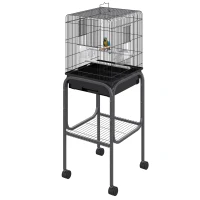 Pawhut 45-inch Metal Indoor Bird Cage, Parrot Cage, Bird Aviary with Detachable Rolling Stand, Storage Basket, and Accessories - Black(m-11)