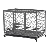 PawHut Heavy Duty Dog Crate, Metal Dog Cage Kennel with Lockable Wheels, Slide-Out Tray, Food Bowl and Double Doors, 49"(m-11)