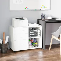 HOMCOM 3 Drawer Printer Stand, Mobile Lateral File Cabinet with 2 Storage Shelves for Home Office, White(m-11)