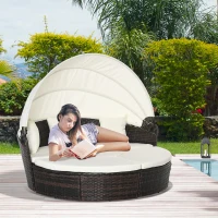 Outsunny 4pc Rattan Patio Furniture Set, Round Convertible Daybed or Sunbed, Adjustable Sun Canopy, Sectional Outdoor Sofa, 2 Chairs, Table, 3 Pillows, PE Plastic Wicker, Beige(m-10)