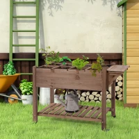 Outsunny Wooden Garden Box, 34.25H with 8 Pockets and Lockable Wheels, Foldable Side Clapboard, Elevated and Self-Draining Design, to Grow Herbs, Vegetables, and Flowers, Brown(m-10)