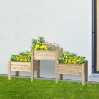 Outsunny Raised Garden Bed with 3 Planter Box, Elevated Wooden Plant Stand with Drainage Holes, for Vegetables, Herb and Flowers, Natural(m-10)