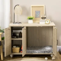 PawHut Cat Litter Box Enclosure Side Table, Cat Washroom Storage with Soft Cushion, PE Rattan, Adjustable Partition, Oak(m-10)