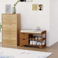HOMCOM Compact Rustic Padded Wooden Shoe Rack Bench Organizer With Drawers - Coffee Woodgrain(m-13)