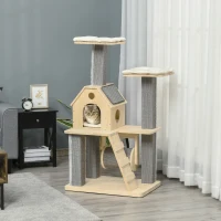 PawHut 49" Cat Tree, Cute Cat Tower with Pillow Covered Perches, Spinning Toy, Cat Condo, Scratching Posts, Ladder, Cat Activity Center, Cat Furniture for Indoor Cats, Natural(m-10)