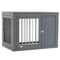 PawHut Dog Crate Furniture Wire Pet Cage Wooden Dog Kennel, End Table with Double Doors, and Locks, for Medium and Large Dog House Indoor Use, Gray(m-11)