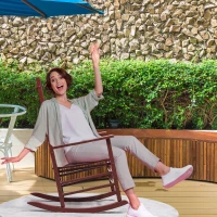 Outsunny Outdoor Rocking Chair, Patio Rocking Chair with Smooth Curves, High Density Wooden Rockers for Lawn Garden Porch, Supports Up to 350lbs, Wine Red(m-10)