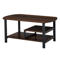 HOMCOM Vintage Industrial Coffee Table with Under-Top Storage Shelves and Rounded Corners, Dark Wood Color(m-11)