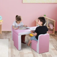 Qaba Kids Sofa Set 2-in-1 Multi-Functional Toddler Table Chair Set 2 Seat Couch Storage Box Soft Sturdy Pink(m-10)