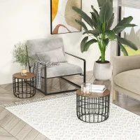 HOMCOM Round Coffee Table Set of 2, Industrial End Tables with Extra Storage Space for Living Room, Brown and Black(m-10)