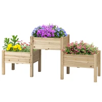 Outsunny Raised Garden Bed with 3 Planter Box, Elevated Wooden Plant Stand with Drainage Holes, for Vegetables, Herb and Flowers, Natural(m-11)