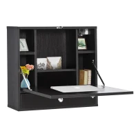 HOMCOM Wall Mounted Desk with Storage Shelves, Floating Desk with Foldable Tabletop, Space Saving Computer Writing Table for Home Office, 23.5 x 6 x 19.75 Inch, Black(m-11)