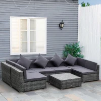 Outsunny 7-Piece Patio Furniture Sets PE Rattan Sectional Sofa Set Outdoor Conversation Set w/Acacia Top Coffee Table & Cushion for Garden, Backyard, Grey(m-10)