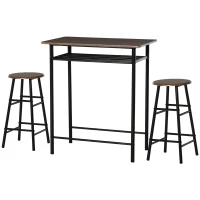 HOMCOM 3 Piece Counter Height Bar Table and Chairs Set, Space Saving Dining Table with 2 Matching Stools, Storage Shelf Metal Frame Footrest, Black, Brown(m-11)