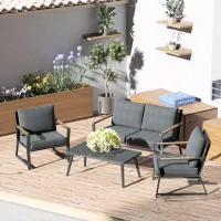 Outsunny 4 Piece Patio Furniture Set, Aluminum Conversation Set, Outdoor Garden Sofa Set with Armchairs, Loveseat, Center Coffee Table and Cushions, Dark Grey(m-10)