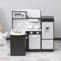 Qaba Corner Kids Kitchen Playset, Wooden Pretend Toy Kitchen Set with Drinking Fountain, Microwave, Fridge and Accessories, Pretend Play Kitchen for 3+ Years, Black(m-10)