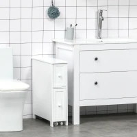 kleankin Slim Bathroom Cabinet, Freestanding Storage Cabinet, Toilet Paper Holder with Two Drawers, Side Towel Rack, and Wheels, 7 x 20.5 x 24.75 Inches, White(m-10)