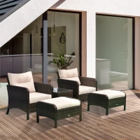 Outsunny 5 Pieces Rattan Wicker Lounge Chair Outdoor Patio Conversation Set with 2 Cushioned Chairs, 2 Ottomans and Tempered Glass Top Coffee Table, Brown/Beige(m-10)