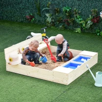 Outsunny Kids Wooden Sandbox w/ Two Plastic Boxes Foldable Bench Seat Waterproof Cover Bottom Liner Storage Space(m-10)