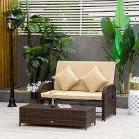 Outsunny Patio Rattan Daybed with Cushions, Wicker Outdoor Bed Lounger w/ Loveseat, Storage Ottoman, Coffee & Side Tables, for Poolside, Porch, Backyard, Beige(m-10)