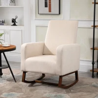 HOMCOM Accent Lounge Rocking Chair with Solid Curved Wood Base and Linen Padded Seat, Cream White(m-10)