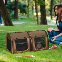 PawHut 39" Portable Soft-Sided Pet Cat Carrier With Divider, Dual Compartment, Soft Cushions, & Storage Bag - Brown(m-12)