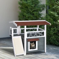 PawHut Wooden Cat House Outdoor with Sisal Ramp, 2-Story Feral Cat Shelter with Balcony, Asphalt Roof, Spacious Condo, Gray(m-10)