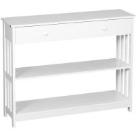 HOMCOM Console Hallway Table with Extra Wide Pull Out Drawer, 2 Open Shelves and Slatted Wood Frame Design, White(m-11)