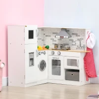 Qaba Corner Play Kitchen Set with Sound Effects and Tons of Countertop Space, Large Wooden Kitchen with Washing Machine, Food Toys, Ice Maker, Kids Kitchen, Ages 3-6, White(m-10)