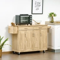 HOMCOM Kitchen Island on Wheels, Natural Hardwood Kitchen Cart with Drawers, Storage Cabinets, and Tool Caddy, Microwave Cart for Dining Room, 54 Inches Wide(m-9)