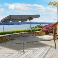 Outsunny Patio Double Chaise Lounge Chair, Outdoor Wheeled Hammock Daybed with Adjustable Canopy and Pillow for Sun Room, Garden, or Poolside, Grey(m-10)