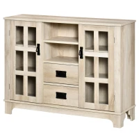 HOMCOM Sideboard Buffet Cabinet with Glass Door, Coffee Bar Cabinet with Storage Drawers & Adjustable Shelves for Kitchen, Living Room, White Oak(m-11)