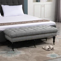 HOMCOM Mobile End of Bed Bench, Upholstered Bedroom Entryway Bench with Button-Tufted, Accent Ottoman with Nailhead Trim and Wheels, Gray(m-11)