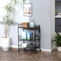 HOMCOM 3 Tier Rolling Kitchen Cart with Storage, Kitchen Island Cart on Wheels with 2 Sliding Fruit Basket, Microwave Cart with Side Hooks for Dining Room, Walnut(m-10)
