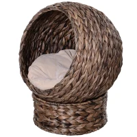 PawHut Handwoven Elevated Cat Bed with Rotating Basket and Soft Cushion, Wicker Cat Egg Chair with Stand, Brown(m-15)