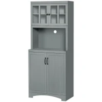 HOMCOM Kitchen Hutch, 70" Pantry Cabinet with Glass Framed Door,  Storage Cabinet with Adjustable Shelves and Microwave Space for Dining Room, Gray(m-11)